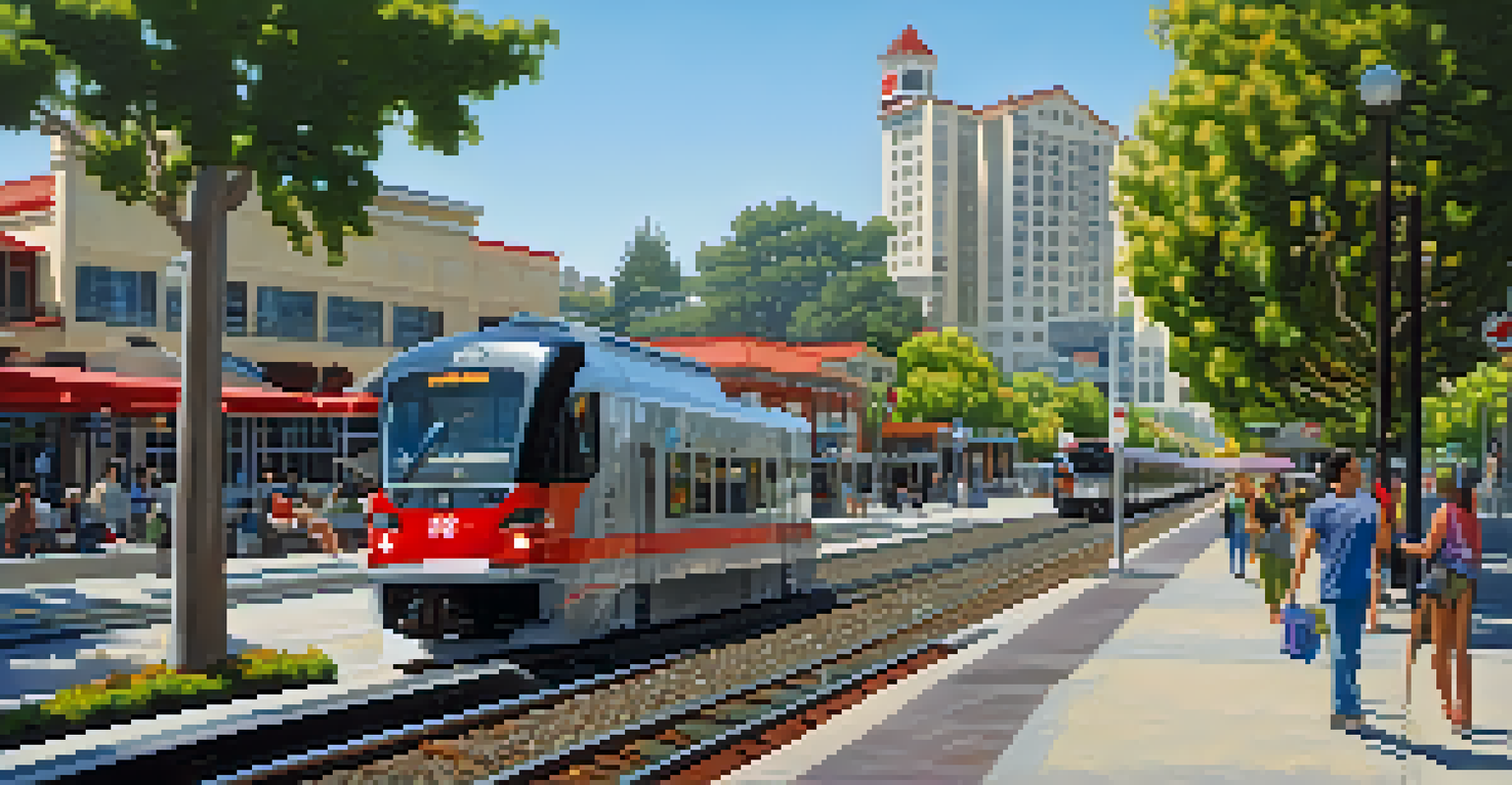 A modern scene of Redwood City featuring a Caltrain station with sleek trains and vibrant urban development.