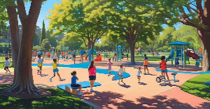 Families enjoying outdoor fitness activities in Red Morton Park, with children playing on a playground and parents exercising.