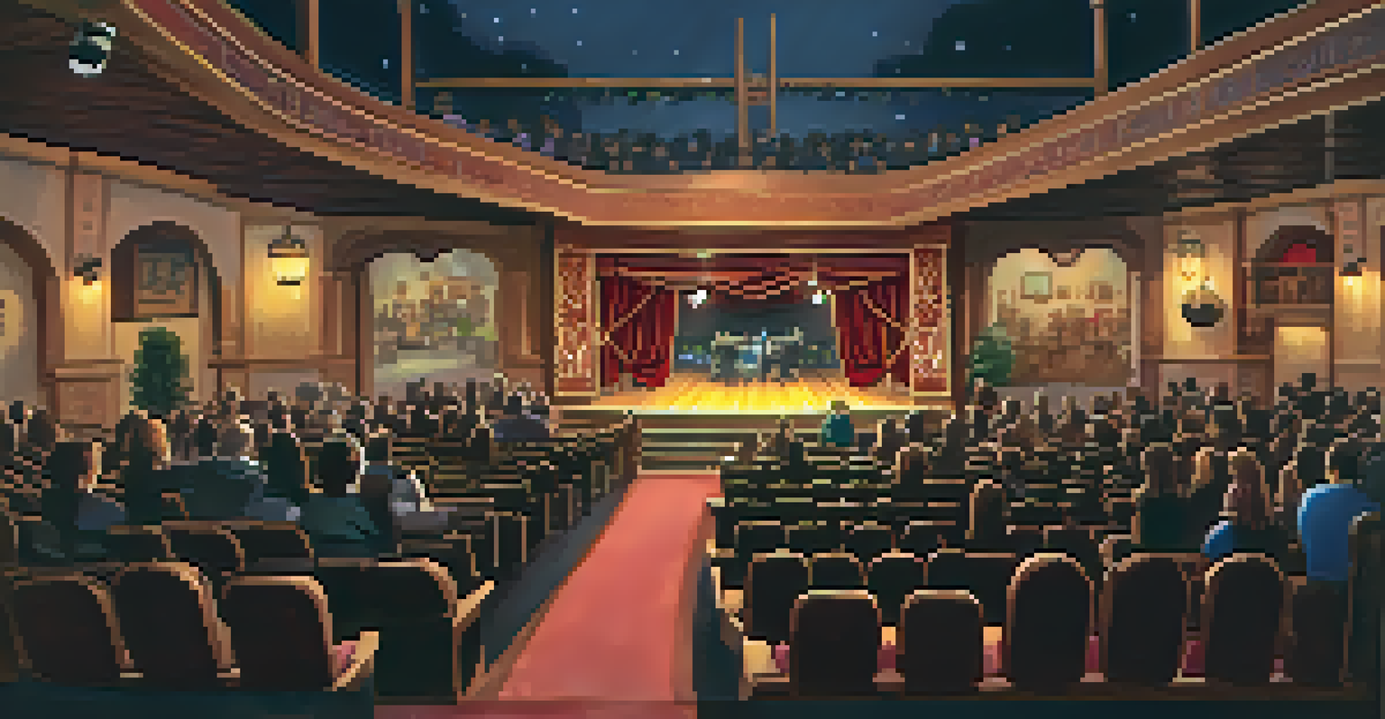 The interior of the Dragon Theatre in Redwood City, showcasing a cozy stage and an audience in a warm, inviting atmosphere.