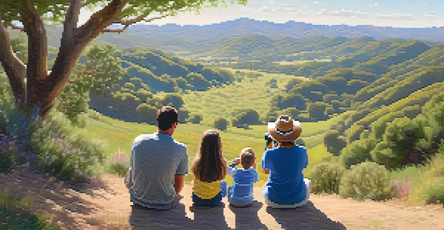 A joyful family observing wildlife with binoculars in a scenic park filled with wildflowers and rolling hills.