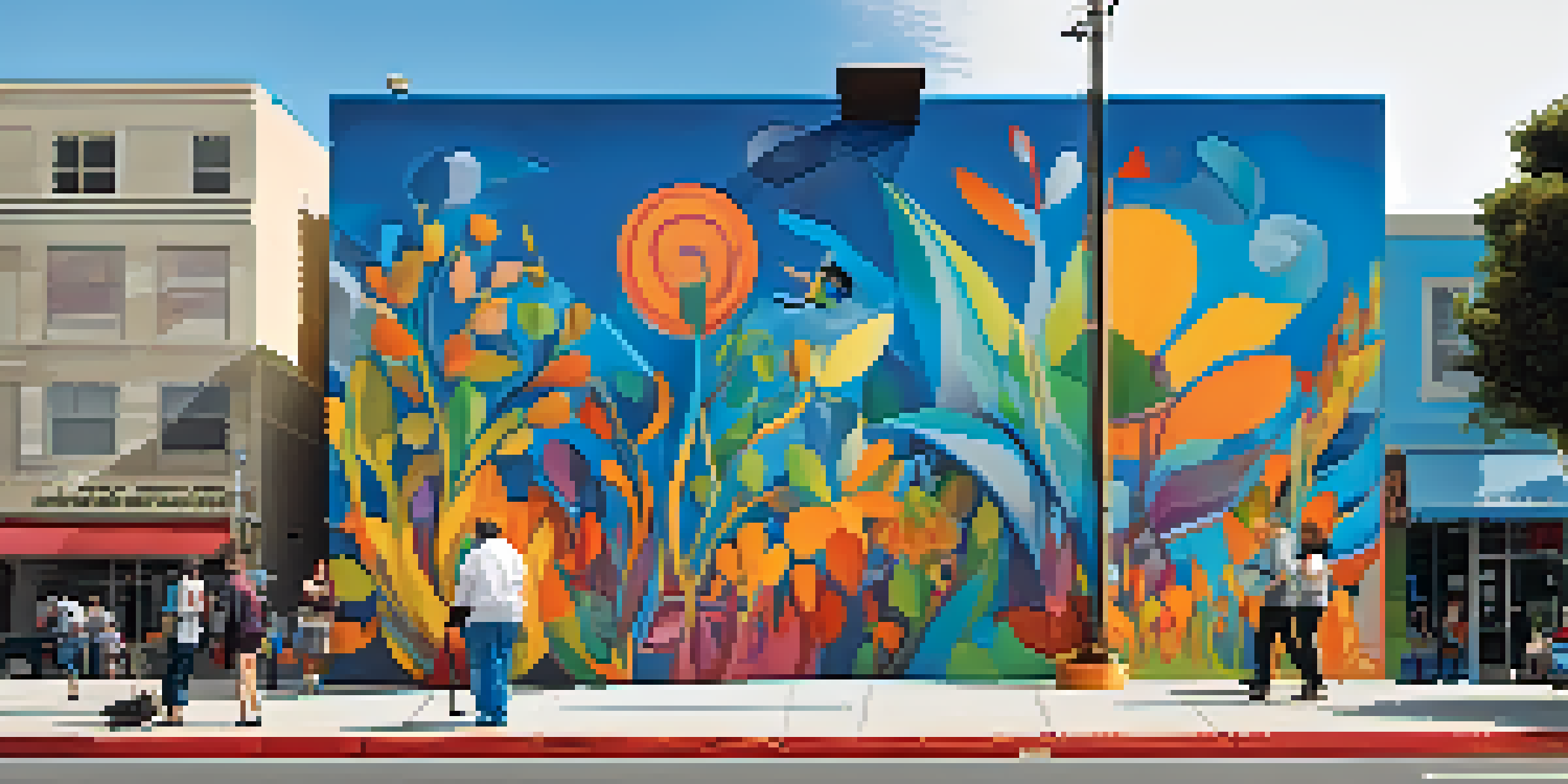 A colorful mural being painted by artists in Redwood City, with various abstract shapes and natural elements.
