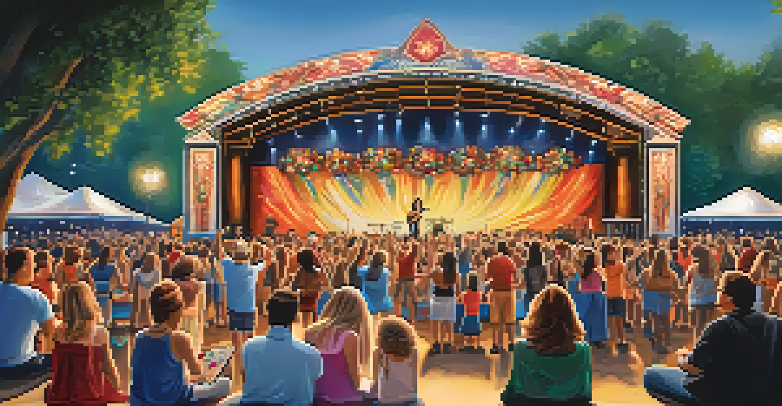 A vibrant performance scene with musicians and dancers entertaining a diverse audience at an outdoor art festival, surrounded by colorful decorations and the park's natural setting.