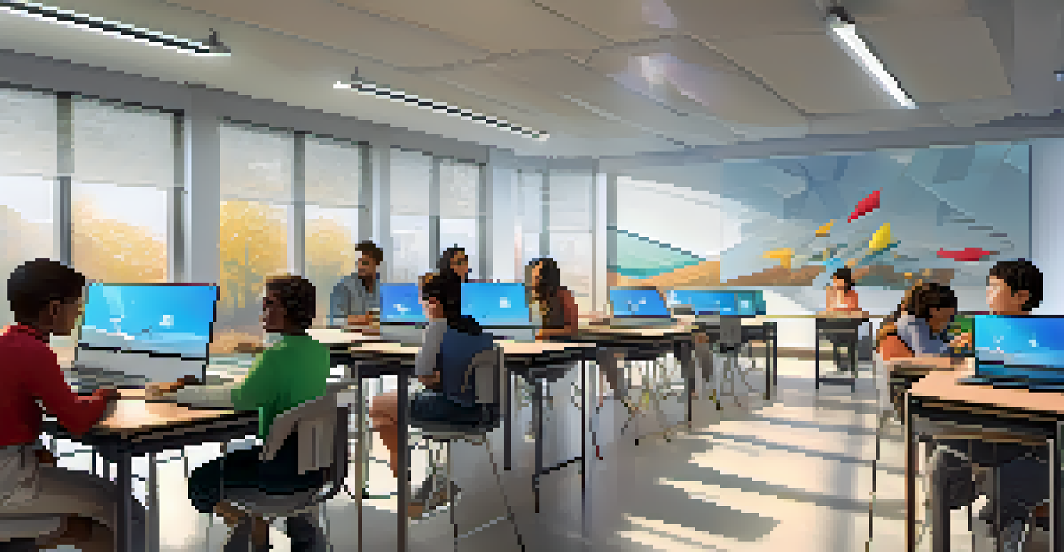 A modern classroom filled with students using technology for collaborative projects, featuring a bright and innovative design.