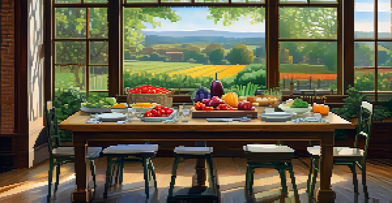 A farm-to-table restaurant table filled with fresh vegetables and herbs, with a garden view.