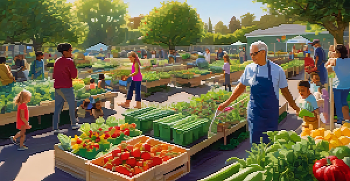 A community garden filled with fresh produce and residents gardening, with children learning about gardening in the background.
