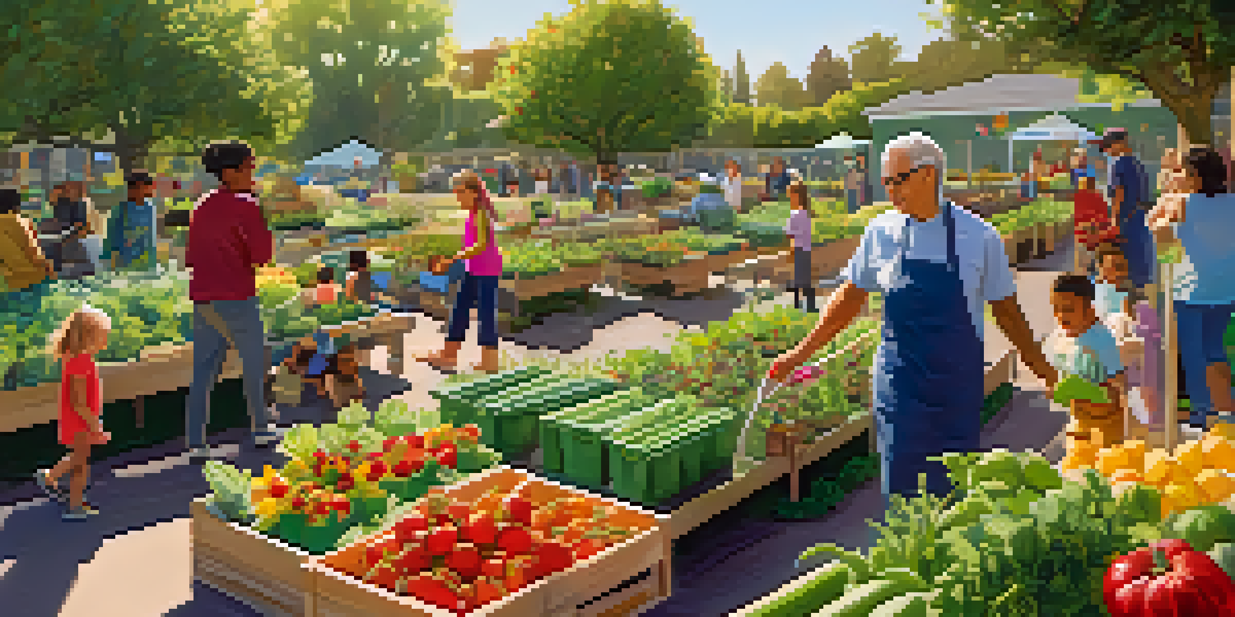 A community garden filled with fresh produce and residents gardening, with children learning about gardening in the background.