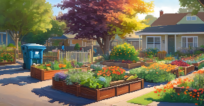 A community garden scene with residents composting, surrounded by blooming plants and trees under sunlight.