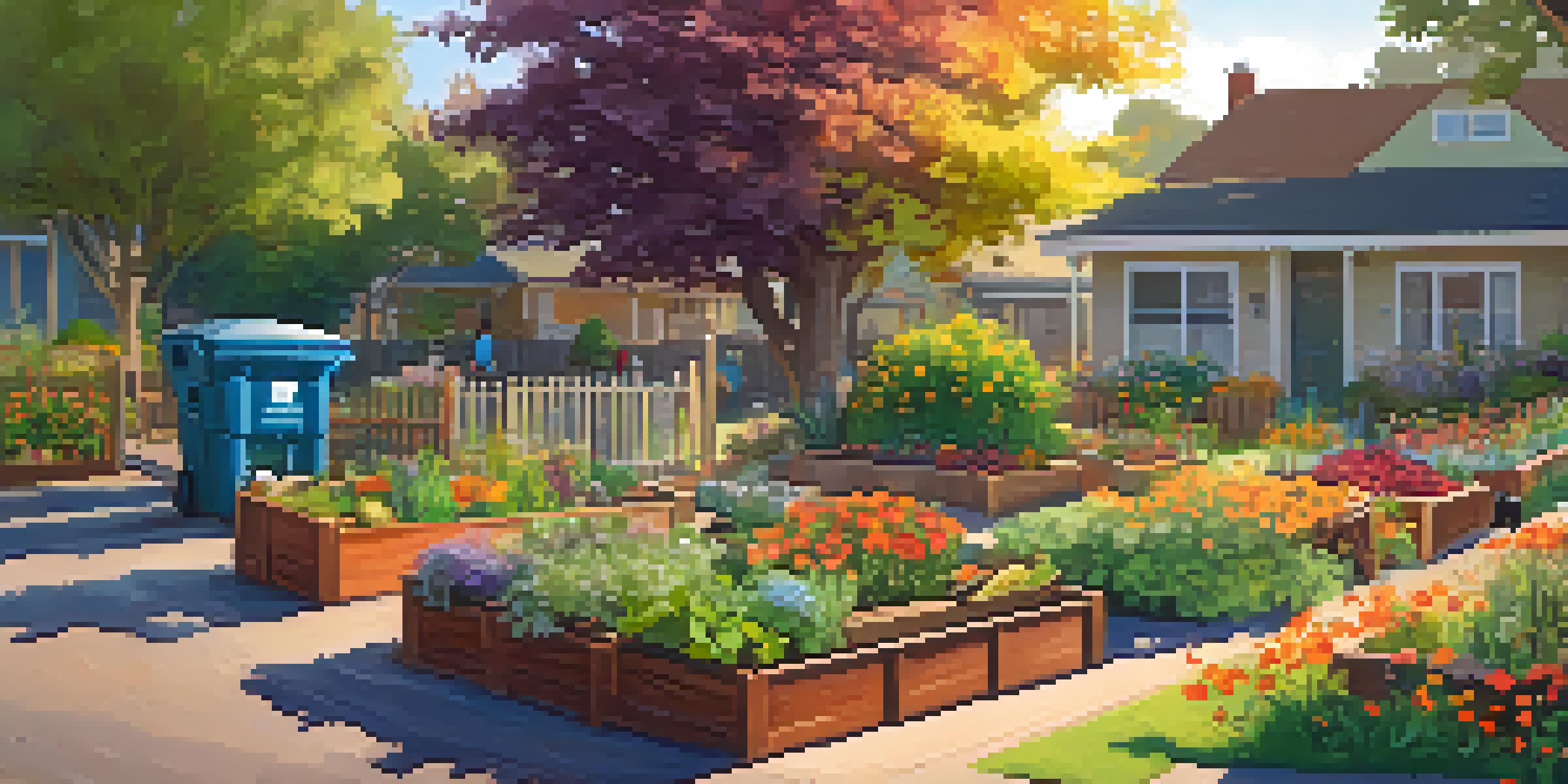 A community garden scene with residents composting, surrounded by blooming plants and trees under sunlight.