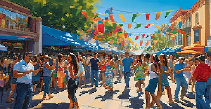 A lively outdoor festival scene with people dancing, colorful decorations, and food stalls, celebrating diversity in Redwood City.