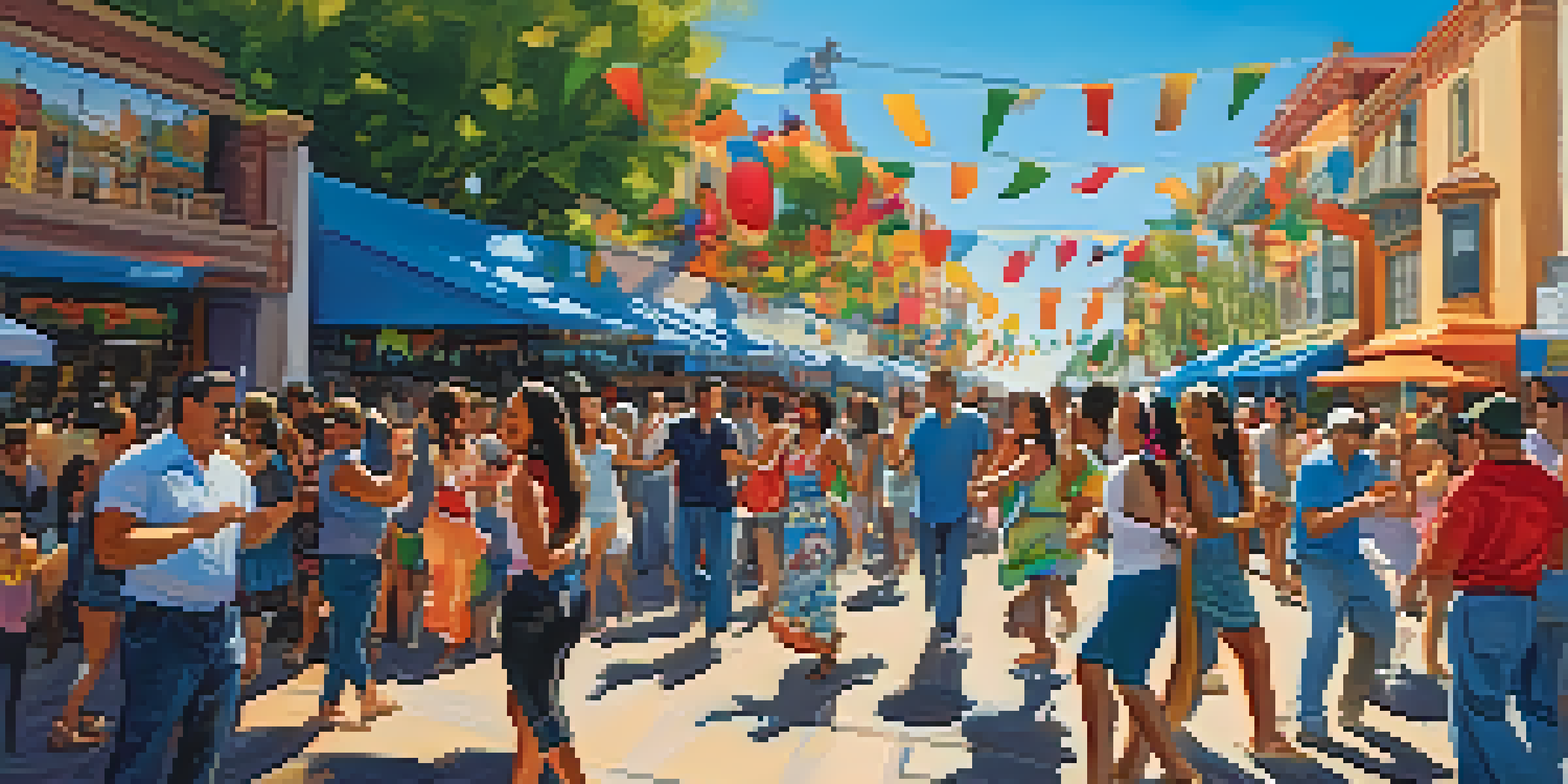A lively outdoor festival scene with people dancing, colorful decorations, and food stalls, celebrating diversity in Redwood City.
