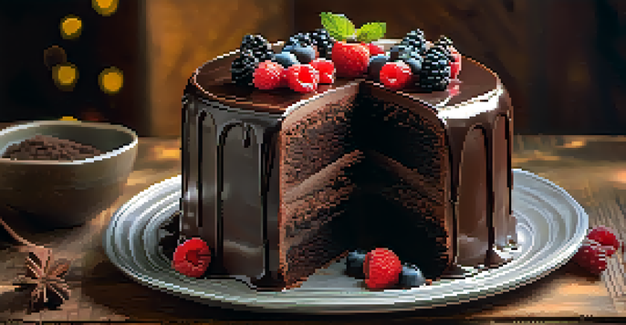 A close-up of a beautifully decorated chocolate cake with layers of chocolate sponge and ganache, adorned with chocolate shavings and fresh berries.