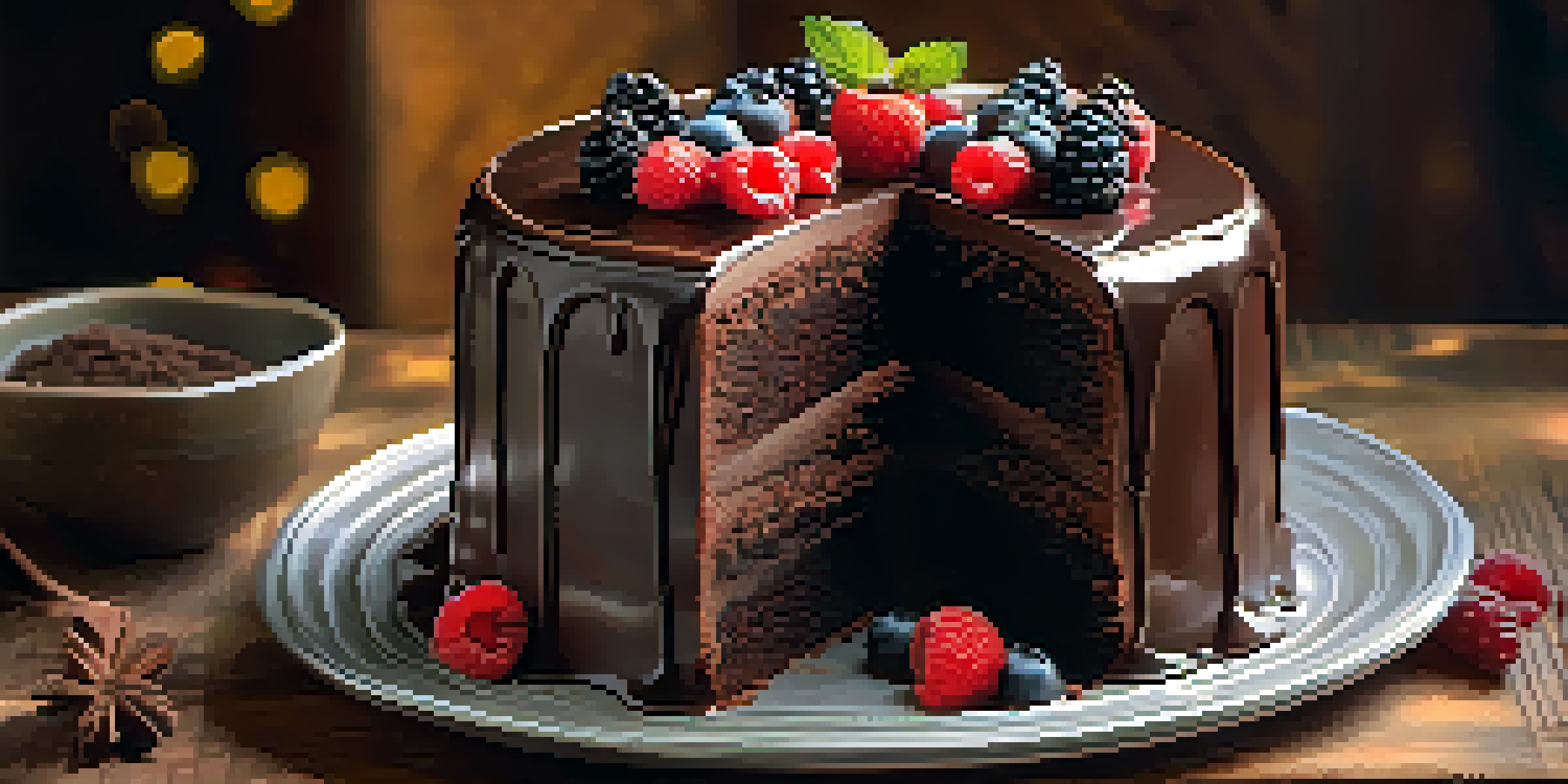 A close-up of a beautifully decorated chocolate cake with layers of chocolate sponge and ganache, adorned with chocolate shavings and fresh berries.