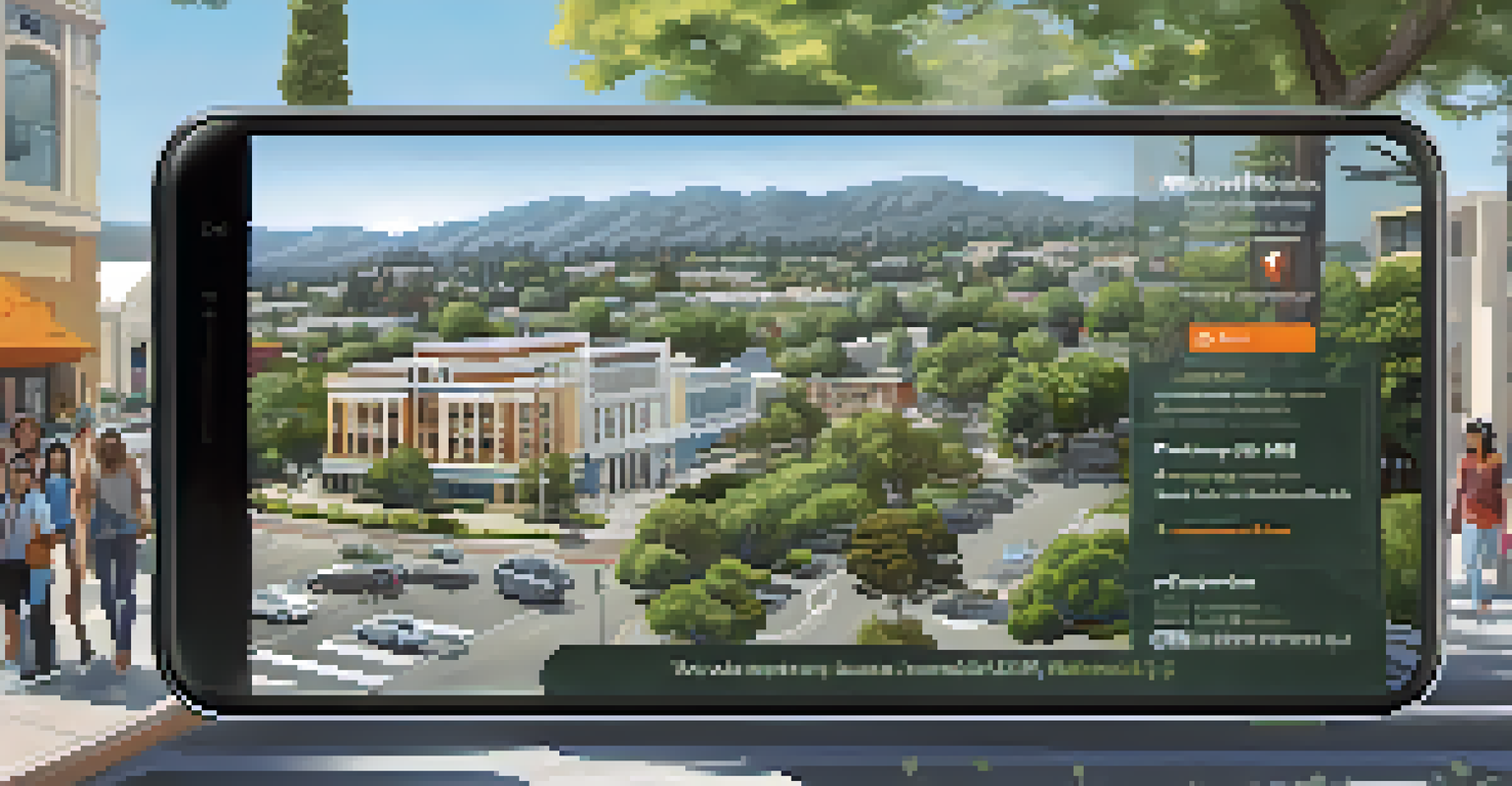 A smartphone with the Redwood City mobile app on display, set against a scenic backdrop of trees and modern buildings in Redwood City.