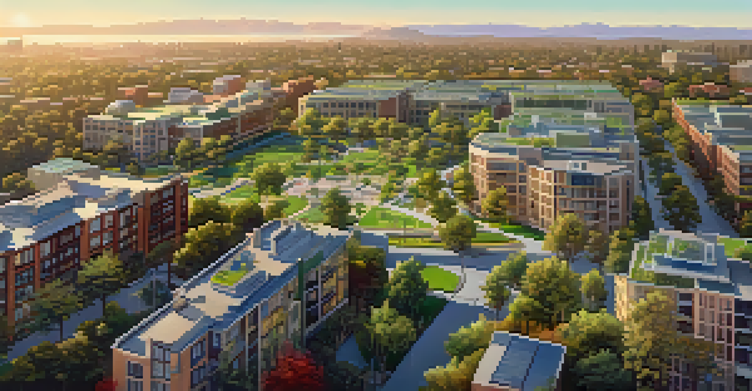 Aerial view of Redwood City showing parks and buildings with solar panels, during golden hour.