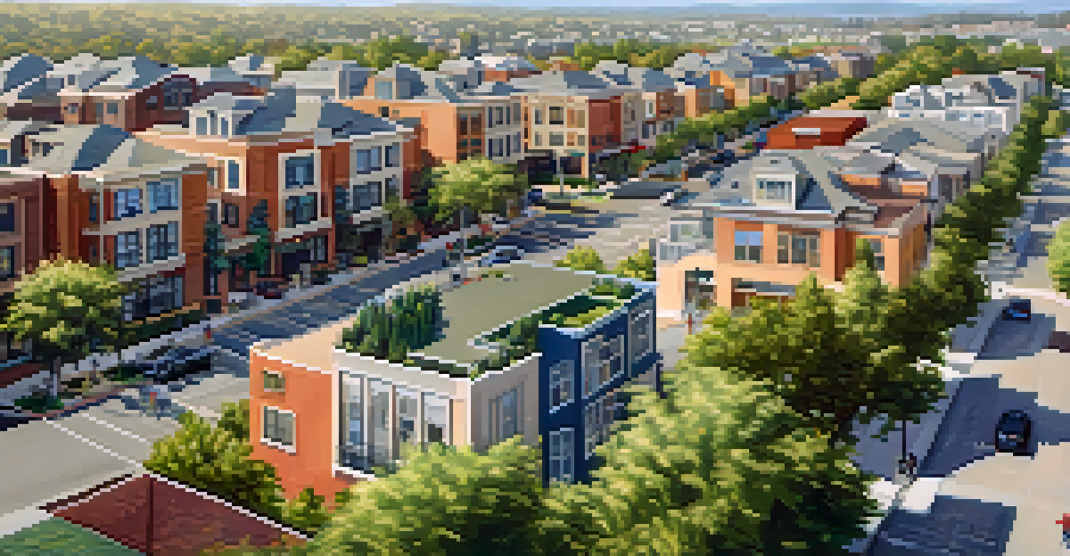 Aerial view of a lively Redwood City neighborhood featuring luxury condos, homes, and local shops.