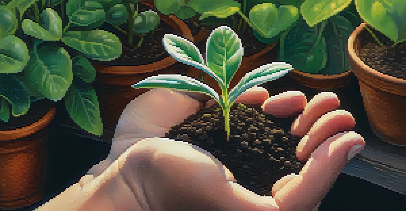 A close-up of hands holding a small seedling in a community garden, with soft sunlight illuminating the scene.