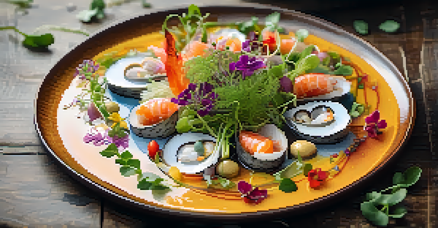A close-up of a plated dish featuring sustainable seafood and vibrant vegetables, presented on a rustic plate with natural light highlighting the textures.