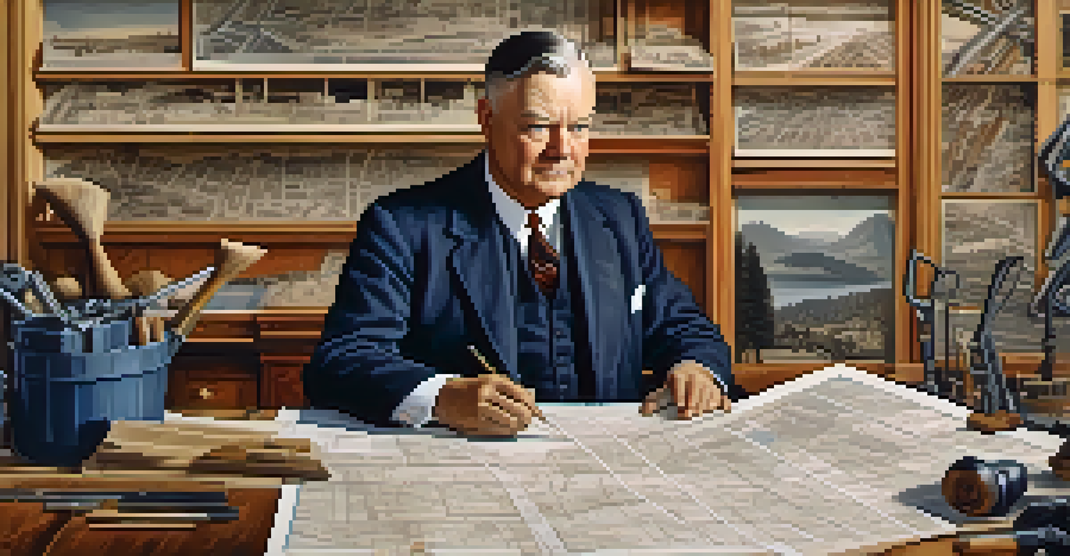 Herbert Hoover depicted as an engineer reviewing blueprints in early 20th-century Redwood City.