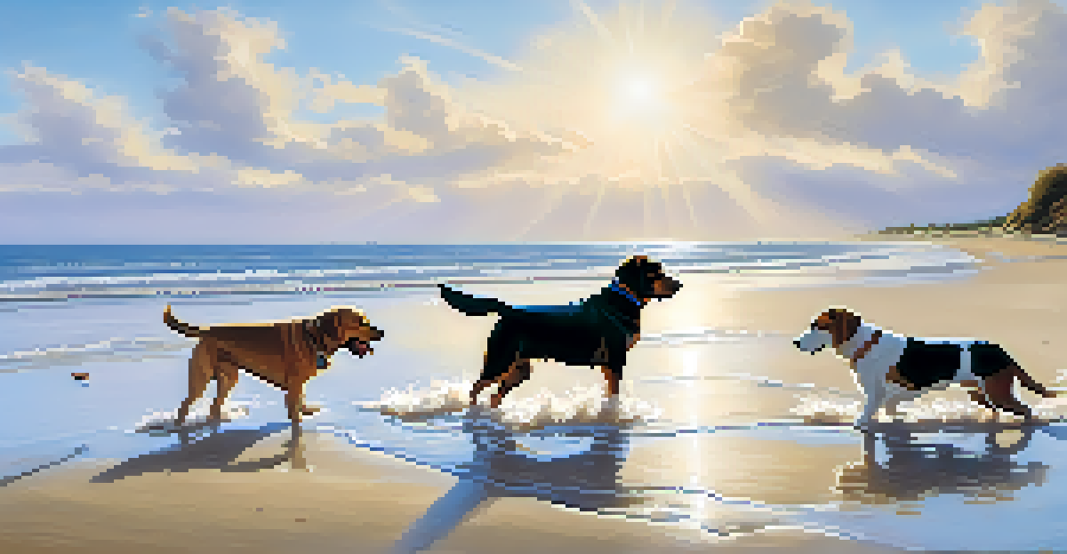 A group of dogs playing at a dog-friendly beach, with a Labrador swimming and a Beagle playing fetch on the sand under a blue sky.