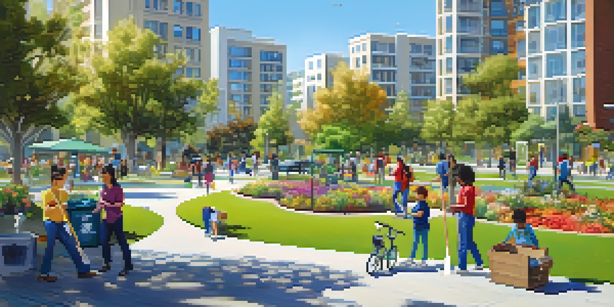 A community park in Redwood City with people planting trees and cleaning up, surrounded by smart waste bins and solar panels.