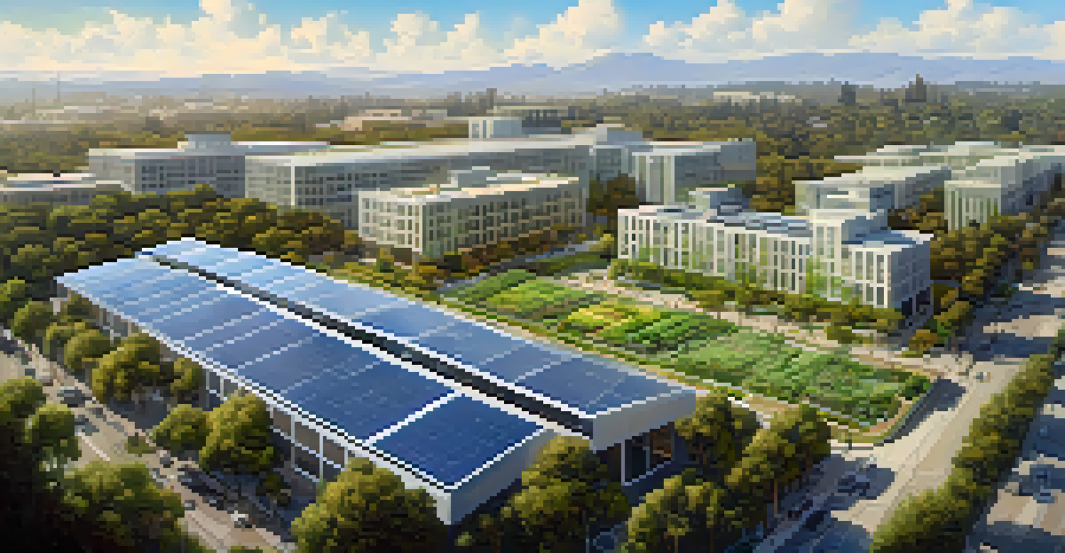 A panoramic view of Redwood City with solar panels and green spaces in the foreground.