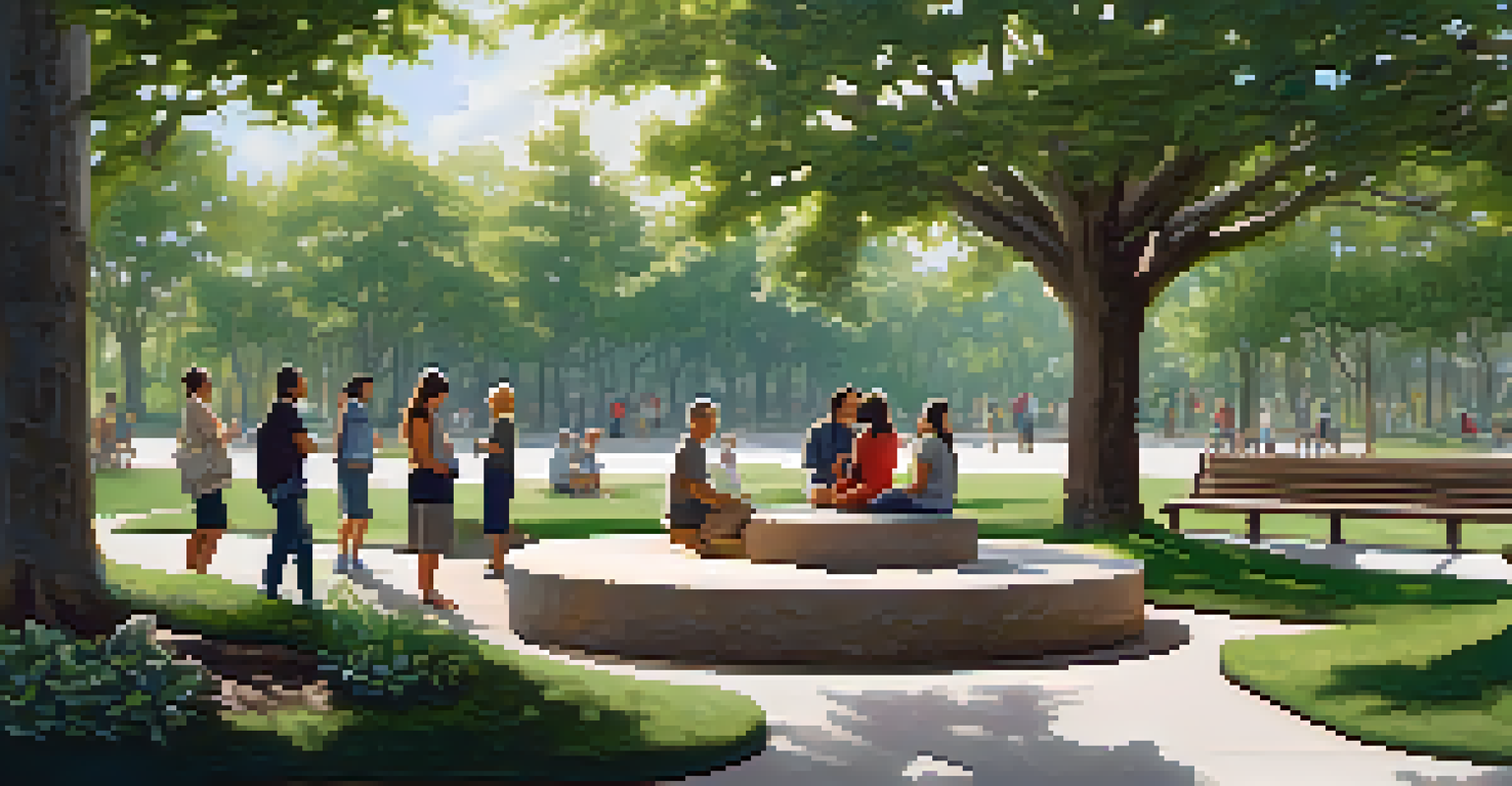 A peaceful park with a community healing sculpture amidst greenery and people enjoying the serene environment.