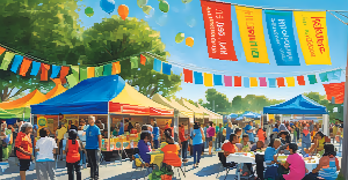 A lively community health fair with diverse residents engaging in health-related activities and colorful booths promoting healthy lifestyles.