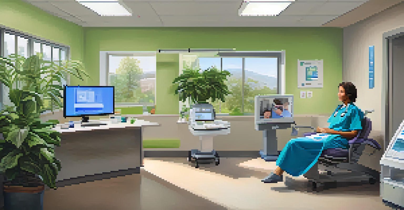 A modern healthcare facility showing a telehealth consultation with a patient at home and a doctor on a screen, in a bright and welcoming room.