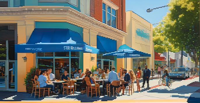 A busy street in Redwood City with entrepreneurs discussing outside a modern co-working space under a clear blue sky.
