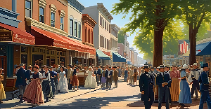 A vibrant street scene in Redwood City during the Civil War, filled with people in historical clothing and supportive banners.