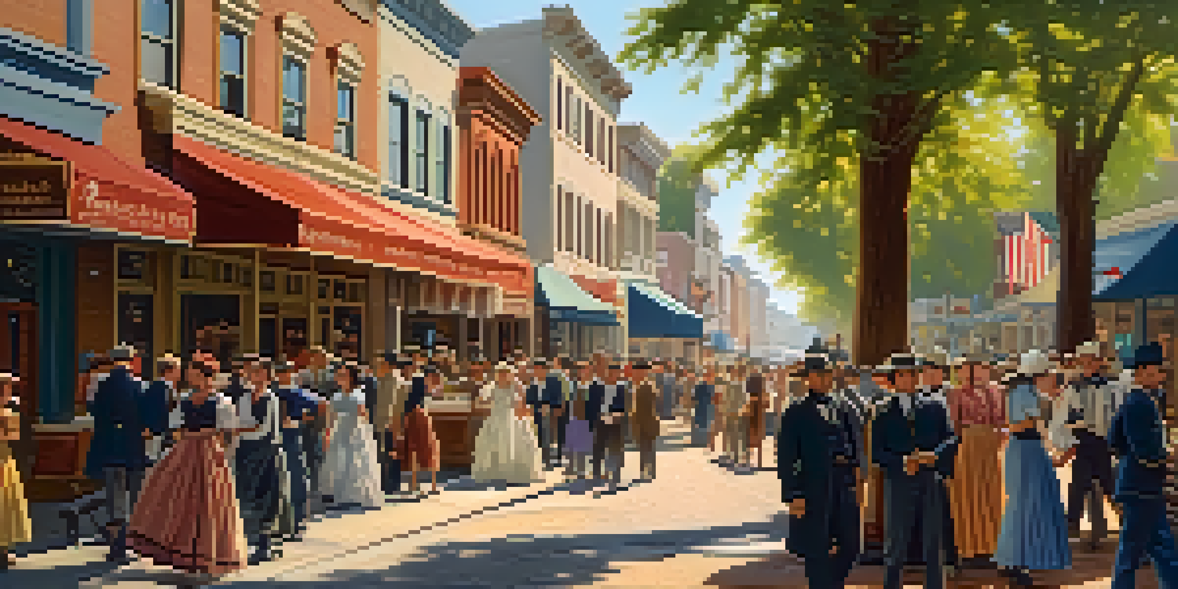 A vibrant street scene in Redwood City during the Civil War, filled with people in historical clothing and supportive banners.