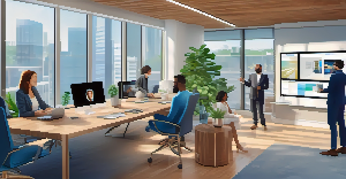 An office space with a large video conferencing screen showing a diverse team, bright natural light, modern furniture, and greenery.