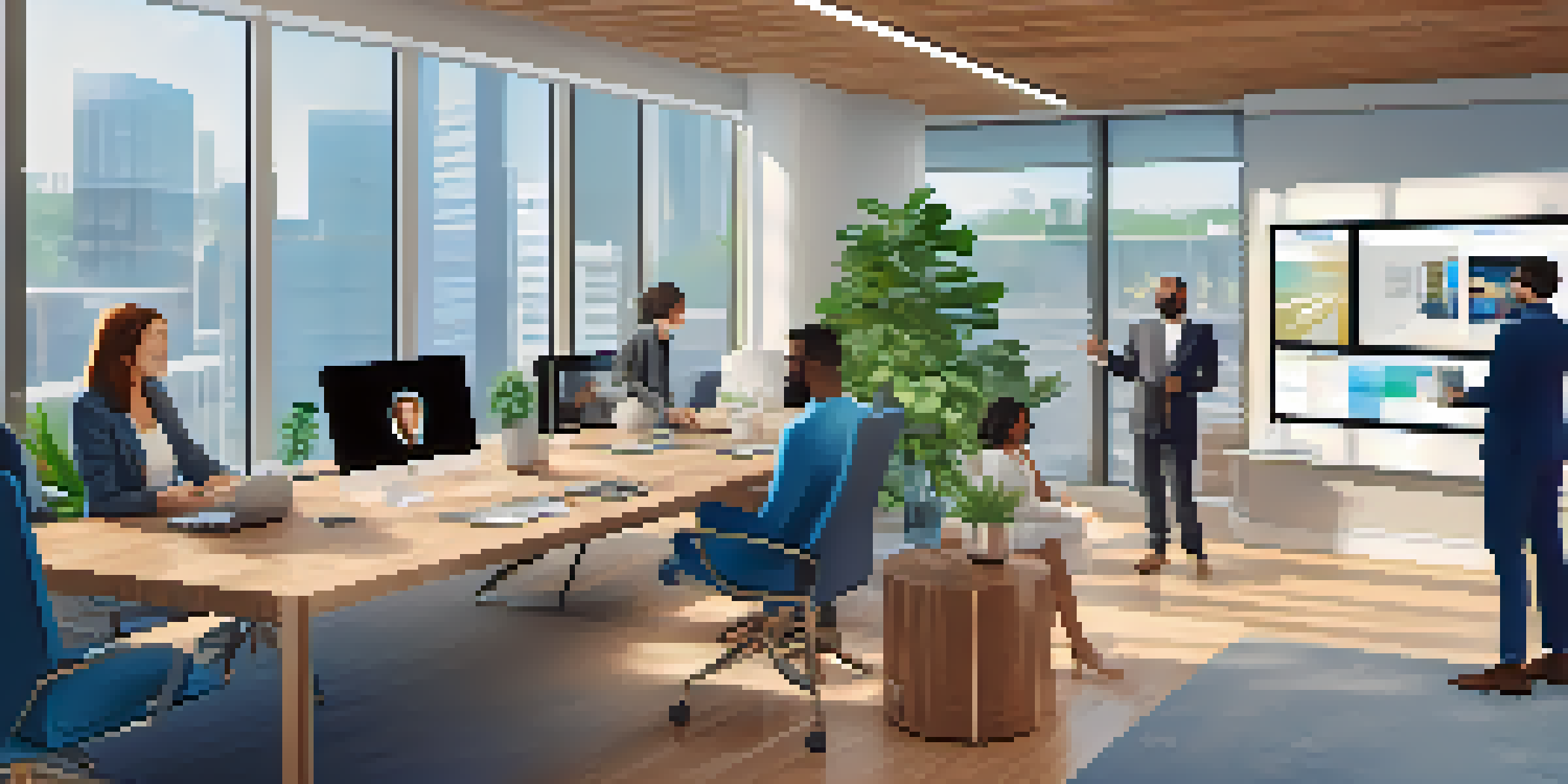 An office space with a large video conferencing screen showing a diverse team, bright natural light, modern furniture, and greenery.