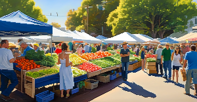 A lively farmer's market filled with fresh vegetables and fruits, with people enjoying the vibrant atmosphere under warm sunlight.