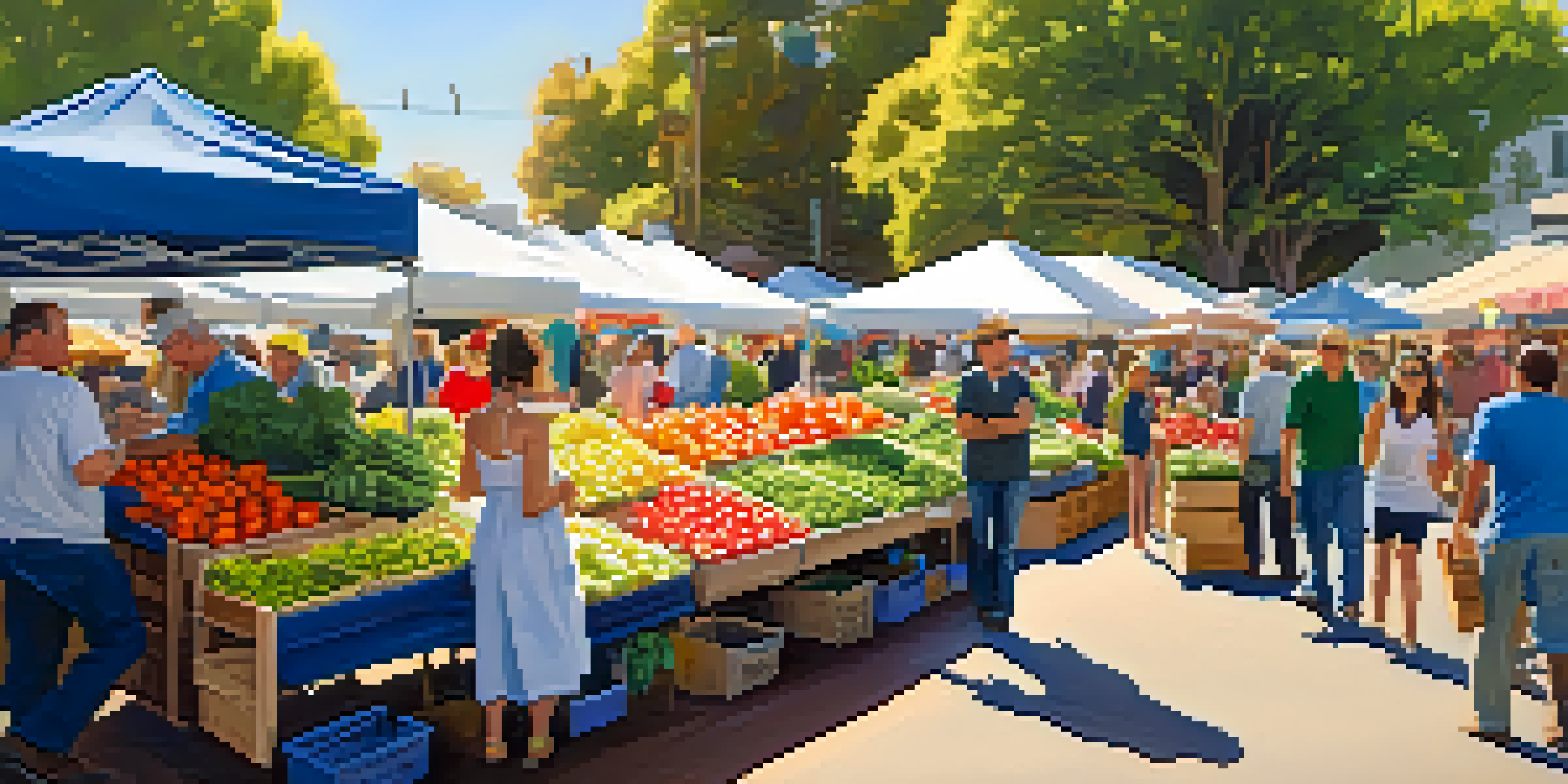 A lively farmer's market filled with fresh vegetables and fruits, with people enjoying the vibrant atmosphere under warm sunlight.