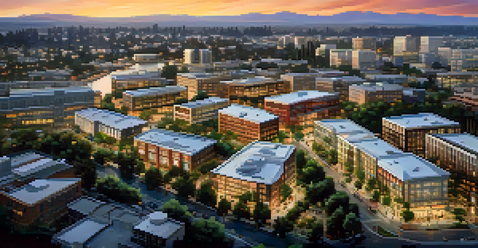 An aerial view of Redwood City with coastal landscapes and tech buildings, illuminated by a golden sunset.