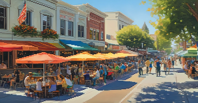 A lively street scene in Redwood City with food trucks and diners enjoying meals outdoors under colorful banners.