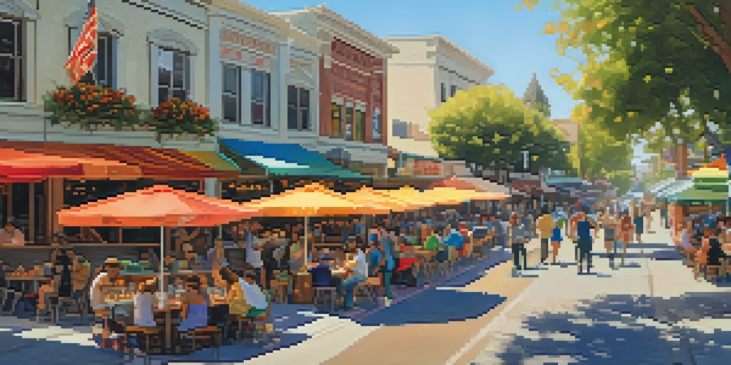A lively street scene in Redwood City with food trucks and diners enjoying meals outdoors under colorful banners.