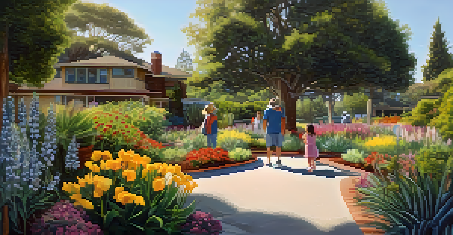 A family gardening in a native plant garden with colorful flowers and greenery.