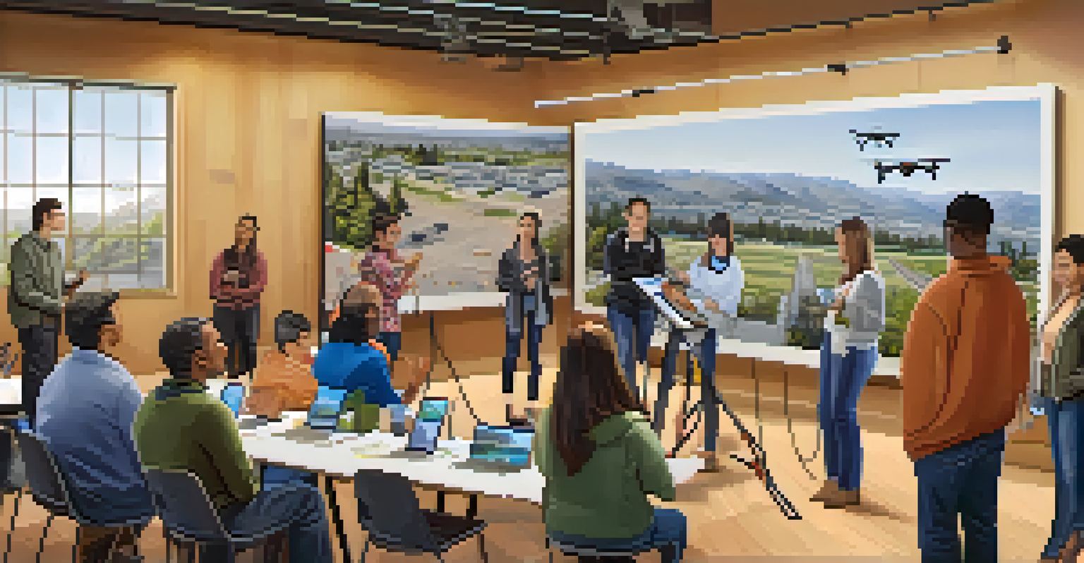 A community workshop with residents learning about drones for emergency response, featuring a displayed drone and an instructor.