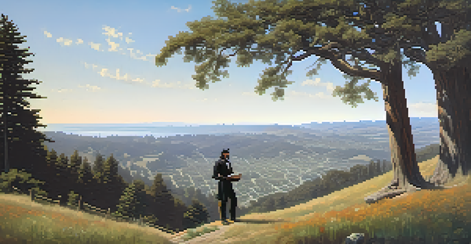 A historical figure, John C. Fremont, stands on a hill overlooking a scenic view of Redwood City in the 1800s, dressed in period attire with a map in hand.