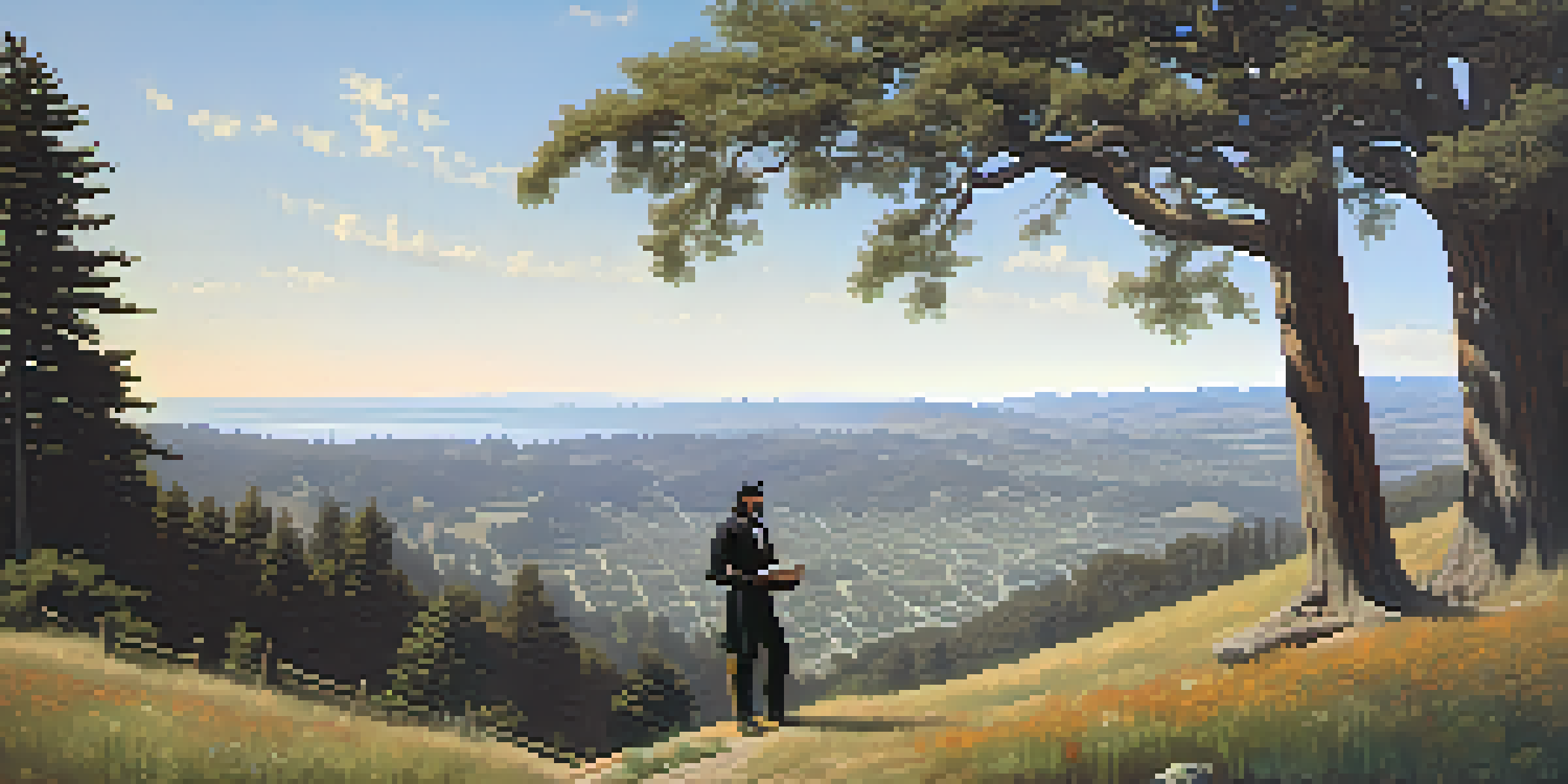 A historical figure, John C. Fremont, stands on a hill overlooking a scenic view of Redwood City in the 1800s, dressed in period attire with a map in hand.