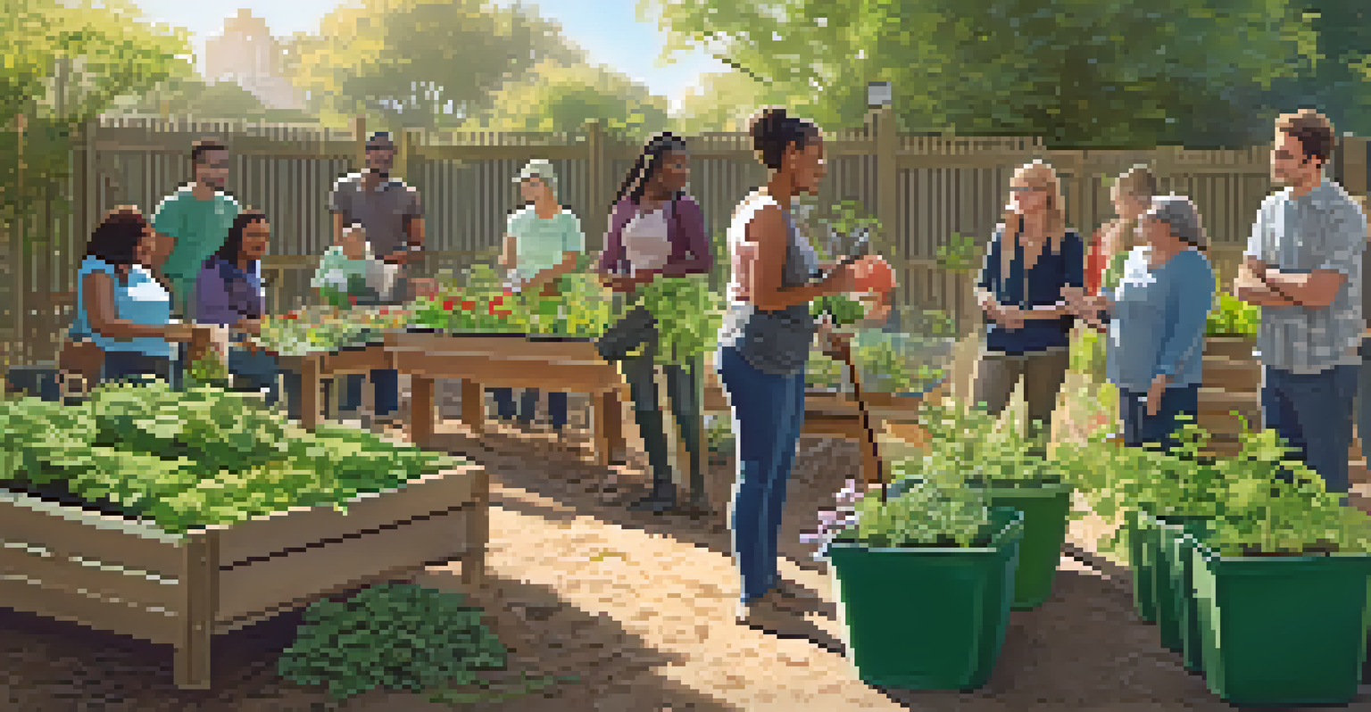 A workshop in a community garden with an instructor teaching sustainable gardening techniques to a group of engaged participants.