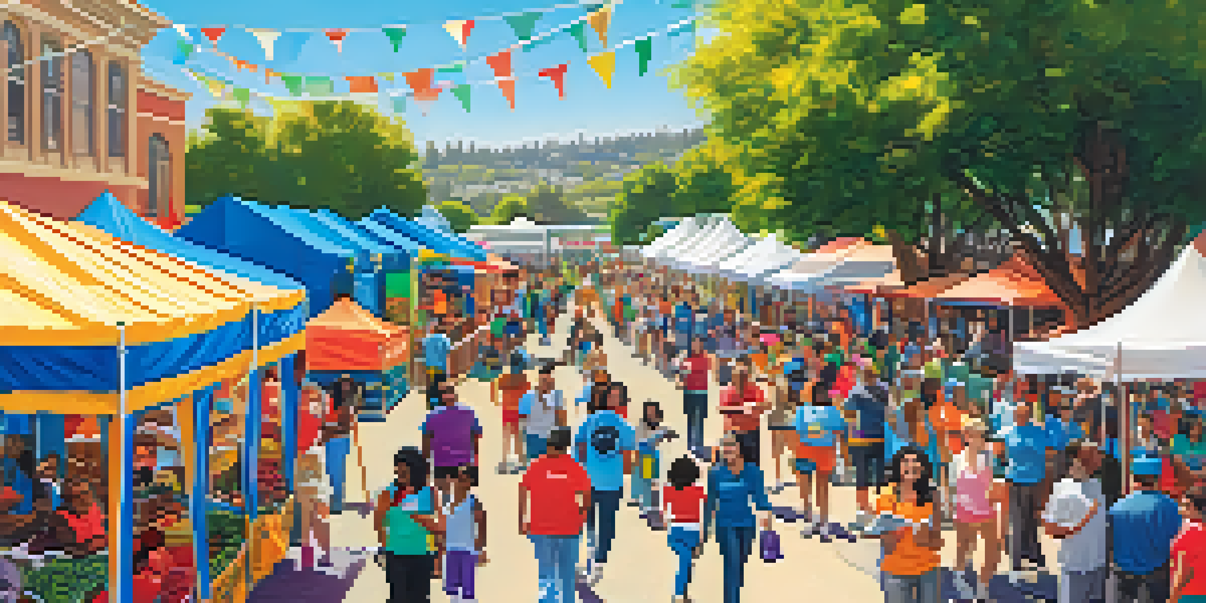 A lively community health fair with diverse residents engaging in health activities, colorful booths, and fitness demonstrations under a sunny sky.