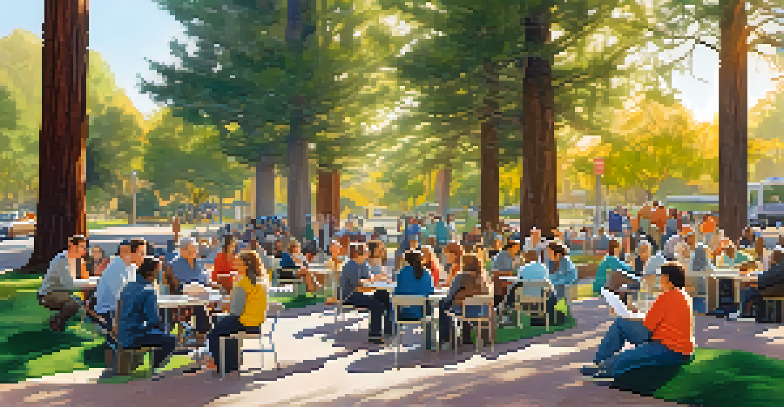Residents of Redwood City gathered in a park for a community forum discussing traffic solutions, surrounded by trees and colorful posters.