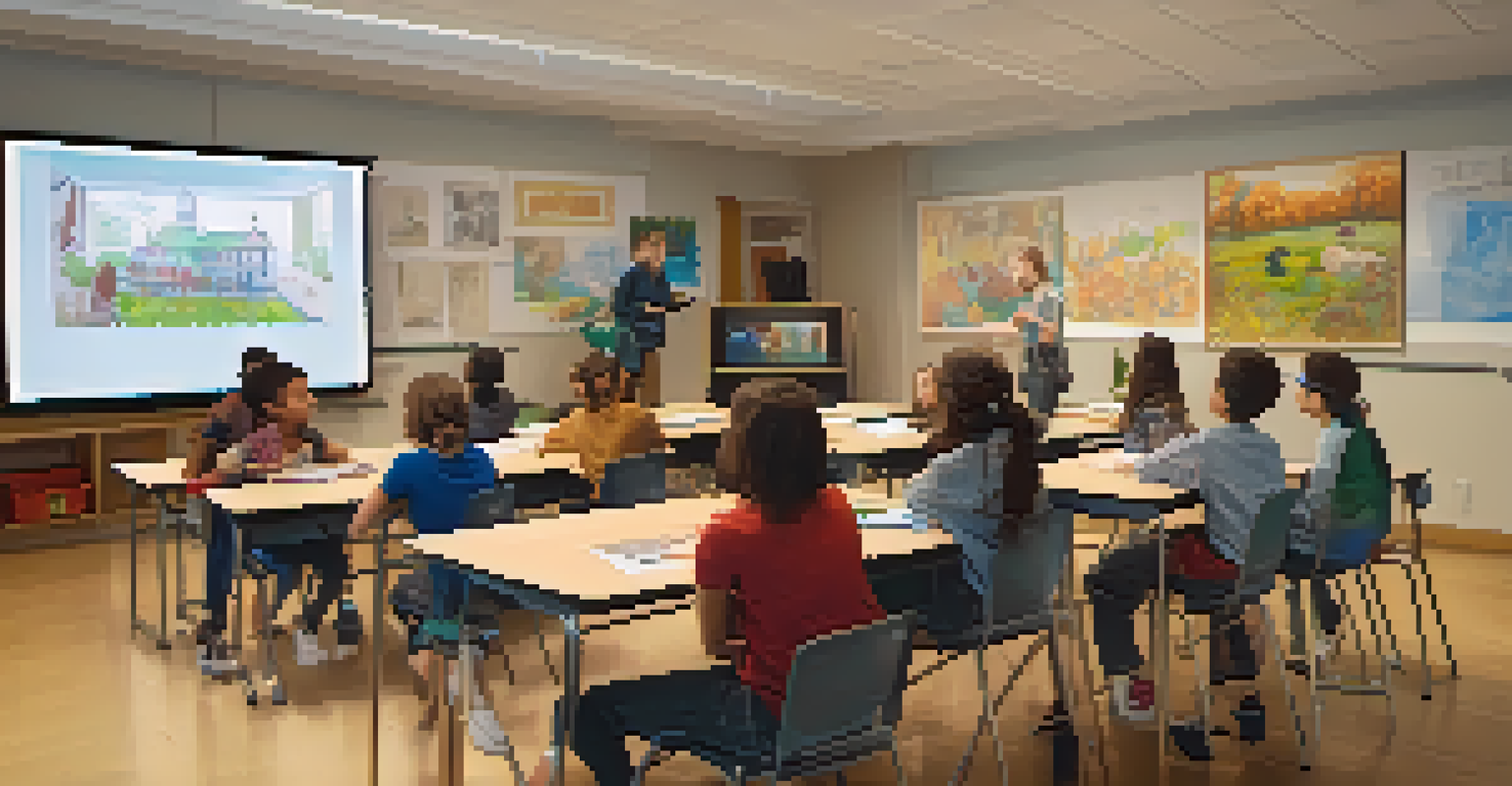 A classroom with students engaged in group discussions while a teacher facilitates learning from a video lecture.