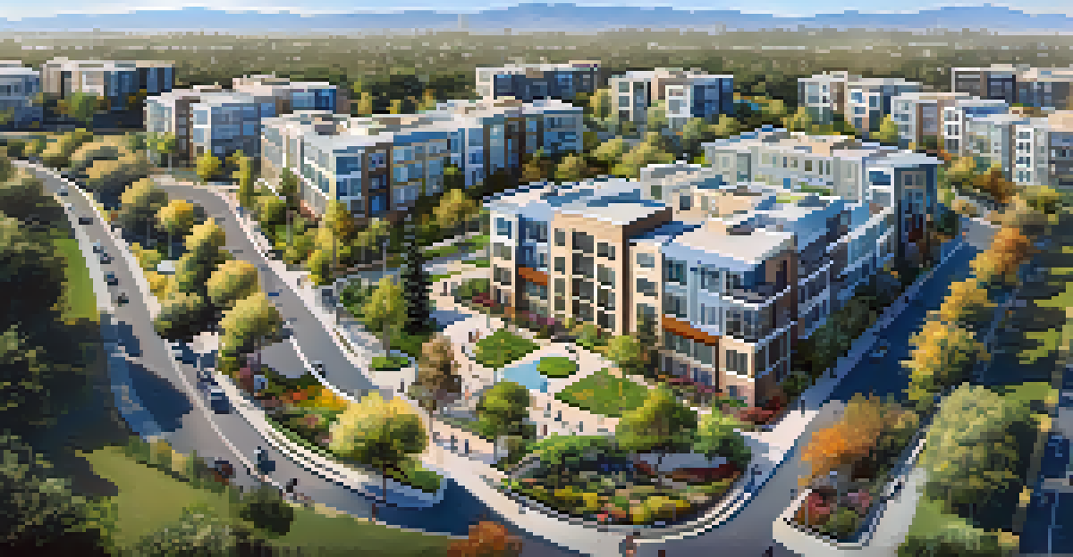 Aerial view of new residential buildings in Redwood City, with parks and tech companies in the background, showcasing modern living and nature.