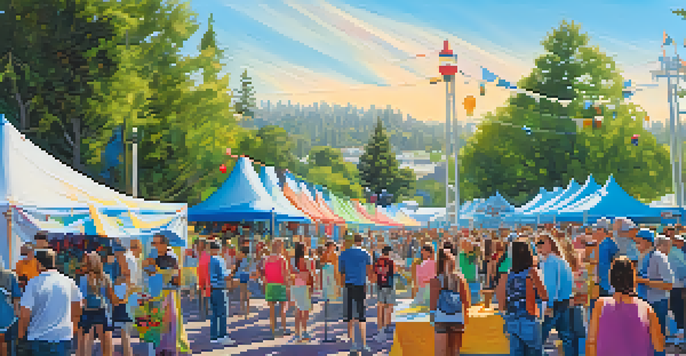 A lively outdoor art festival in Redwood City with local artists showcasing their colorful artworks in tents and a crowd engaging with the installations.