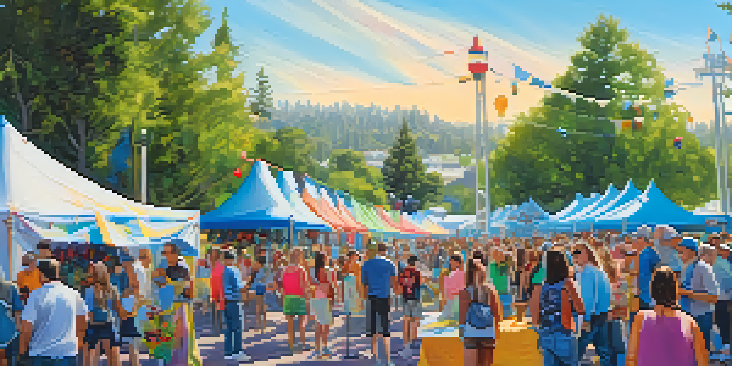 A lively outdoor art festival in Redwood City with local artists showcasing their colorful artworks in tents and a crowd engaging with the installations.