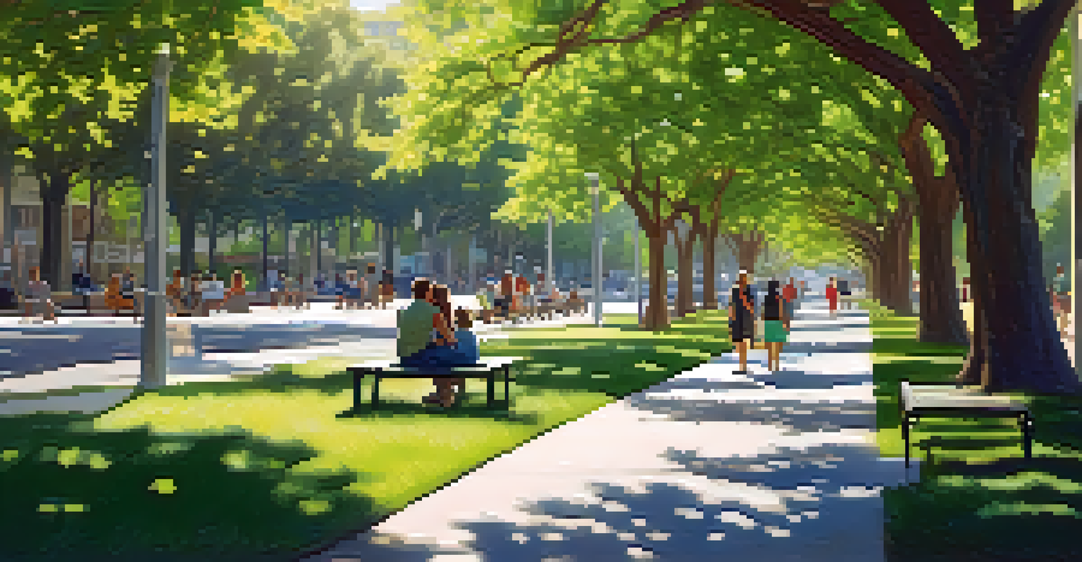 A peaceful park area in Redwood City with trees, walking paths, and people relaxing.